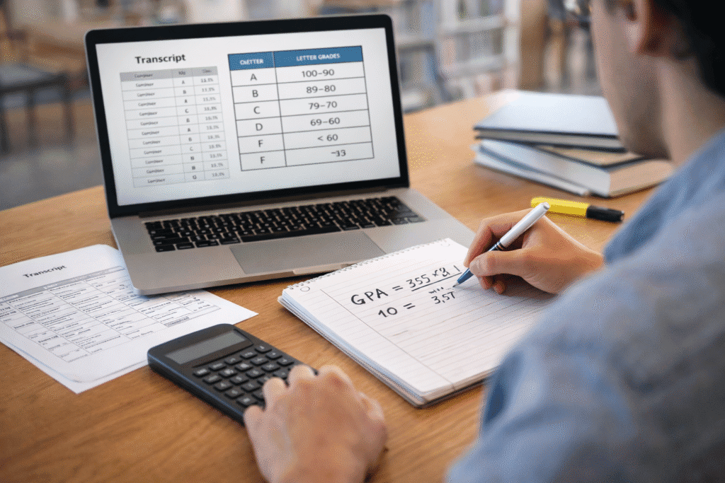 Amerikanisches Notensystem: Student berechnet GPA und Notenumrechnung am Laptop