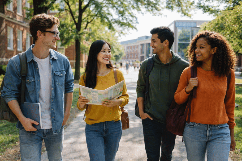 Studierende auf einem US-Campus vor einem Universitätsgebäude – Symbolbild für den Unterschied zwischen College und University