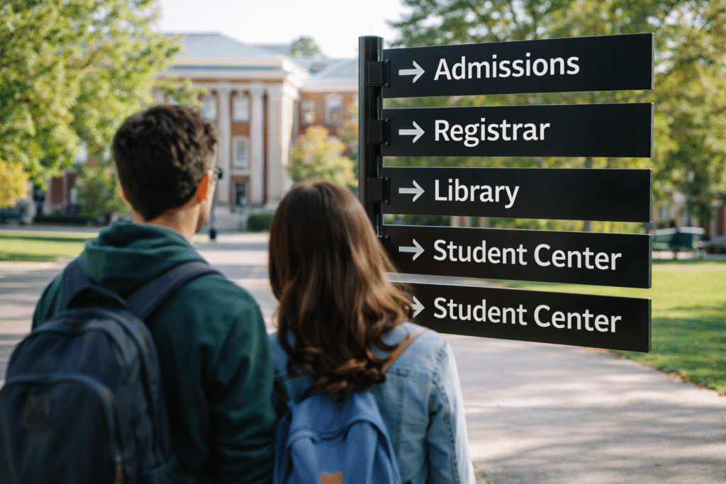 Studierende orientieren sich an einem Wegweiser auf einem US-Universitätscampus