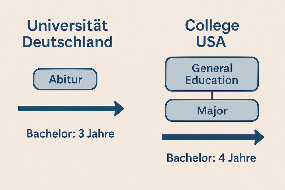 Die Grafik zeigt den Vergleich des Ablaufs eines Bachelorstudiums in den USA und in Deutschland