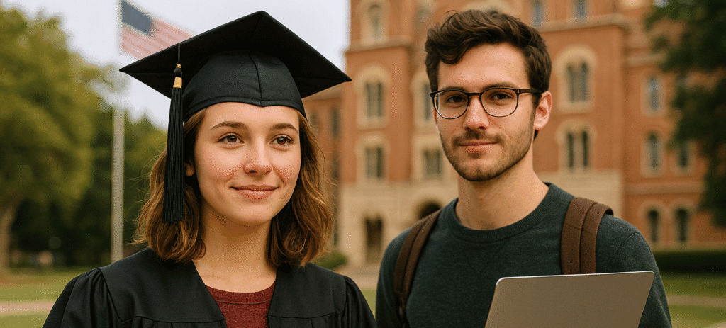Studierende auf dem Campus einer US-Universität im Gespräch über ihre Studienwahl