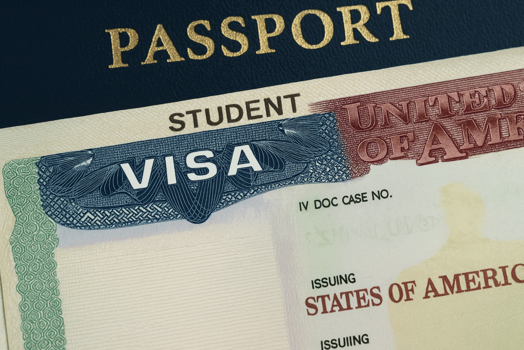Detailaufnahme eines US-Studentenvisums auf einem dunkelblauen Reisepass