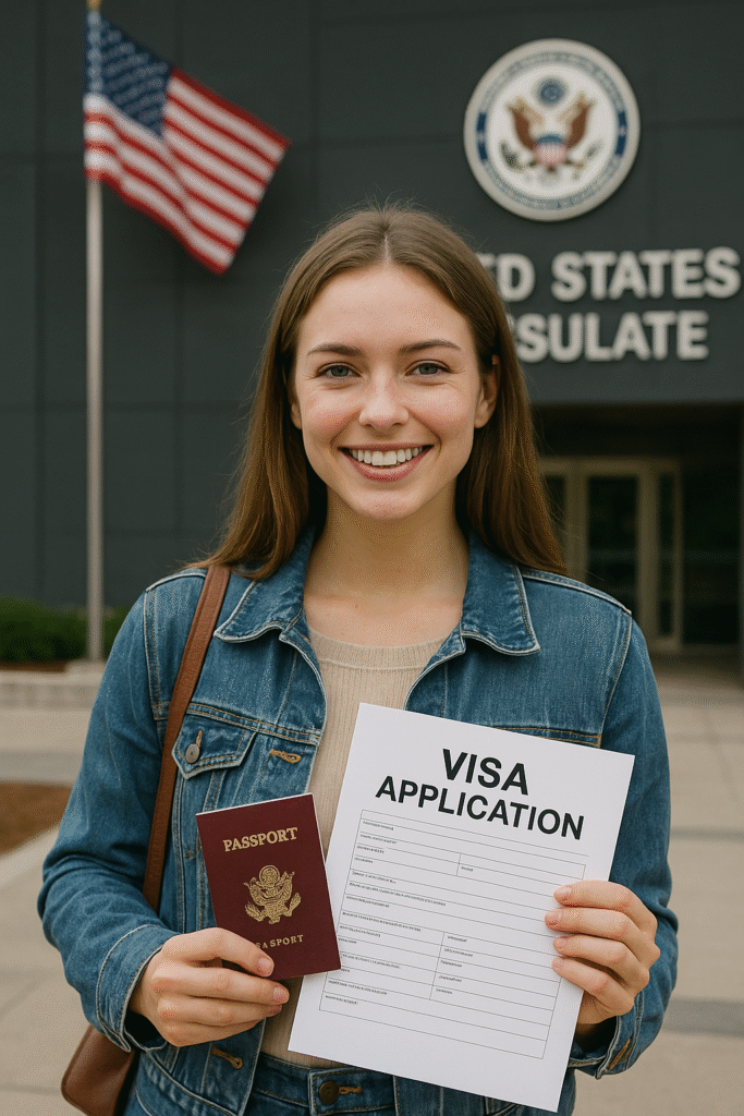 Junge Frau vor dem US-Konsulat mit Visumsdokumenten in der Hand, bereit für ihr Studium in den USA