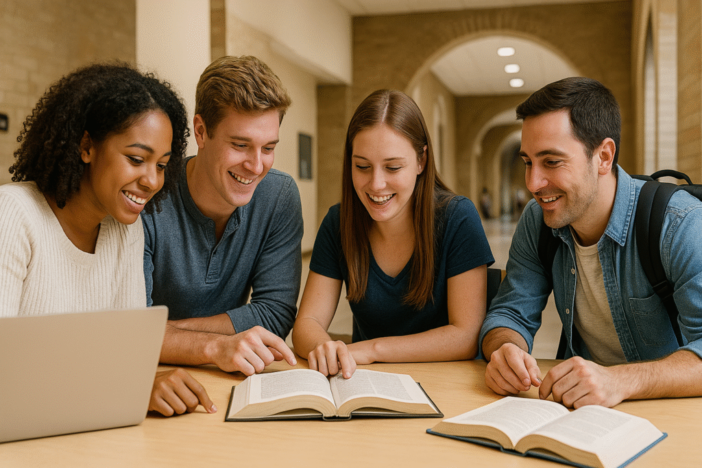 Vier internationale Studierende arbeiten gemeinsam an einem Projekt auf einem US-Collegecampus