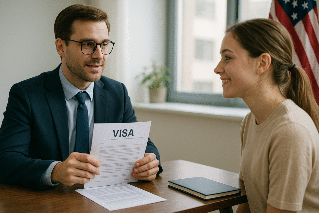 Studentin im Gespräch mit einem Visa-Berater in einem modernen Büro