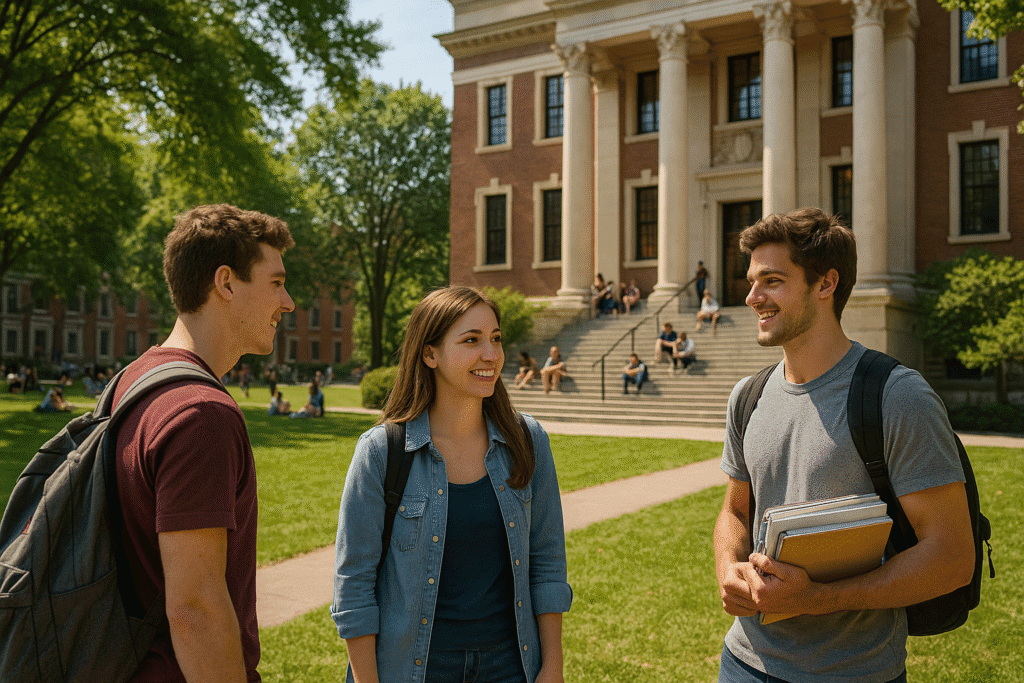 Studierende in den USA sitzen gemeinsam auf einer grünen Wiese vor der Bibliothek