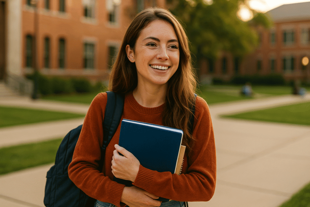 Studentin vor einem Campus in den USA – Studiengebühren im Überblick