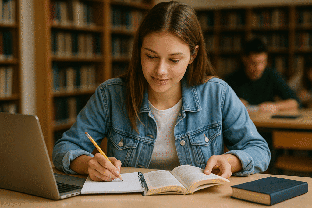 Studentin lernt in einer Bibliothek für den Englischtest zum Masterstudium in den USA