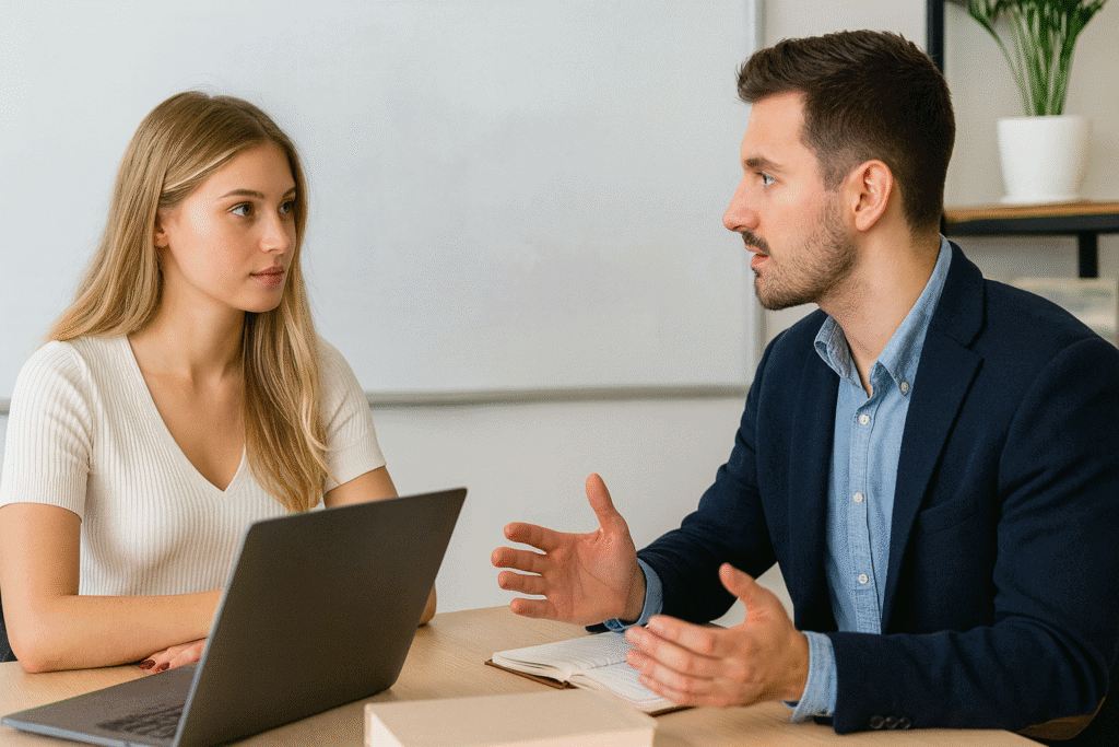 Epro 360-Berater im Gespräch mit Studentin über Studienplanung