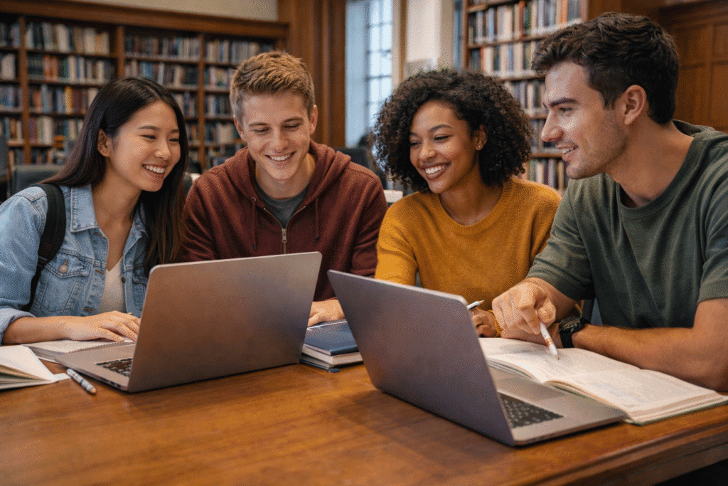 Internationale Studierende lernen gemeinsam in einer Bibliothek an einer US-Universität
