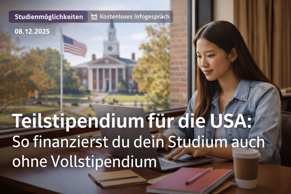 Studentin arbeitet am Laptop in einer US-Universität und plant die Finanzierung ihres Studiums mit Teilstipendium