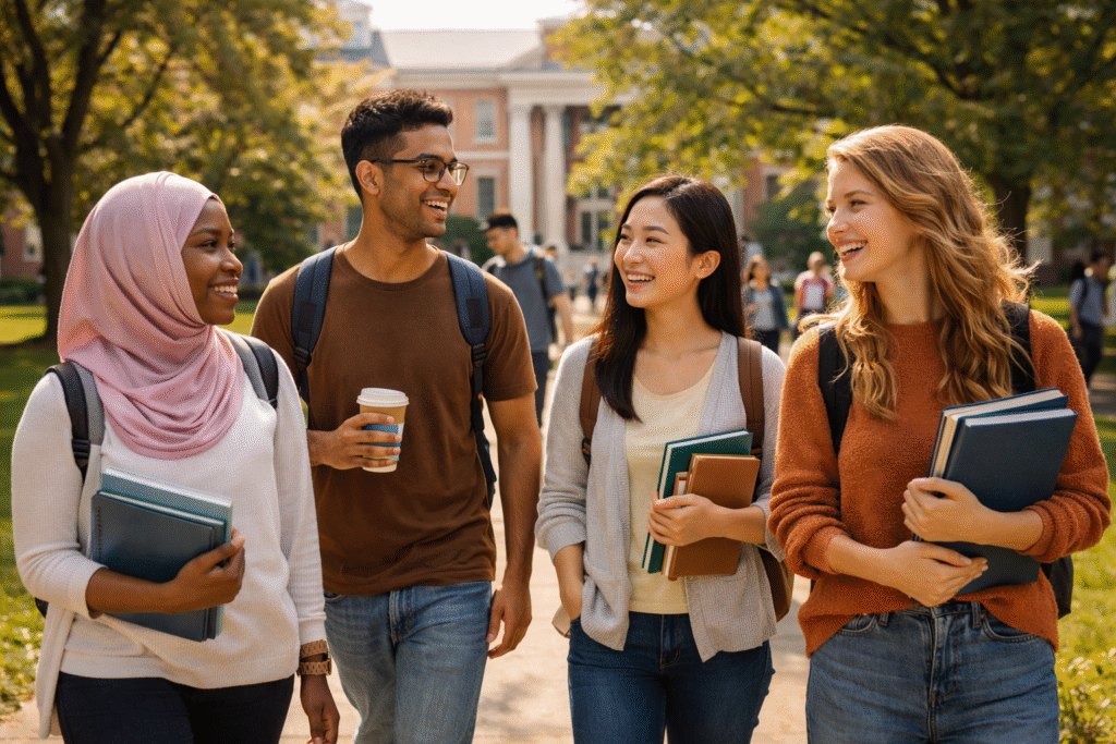 Internationale Studierende auf einem US-Campus im Masterstudium