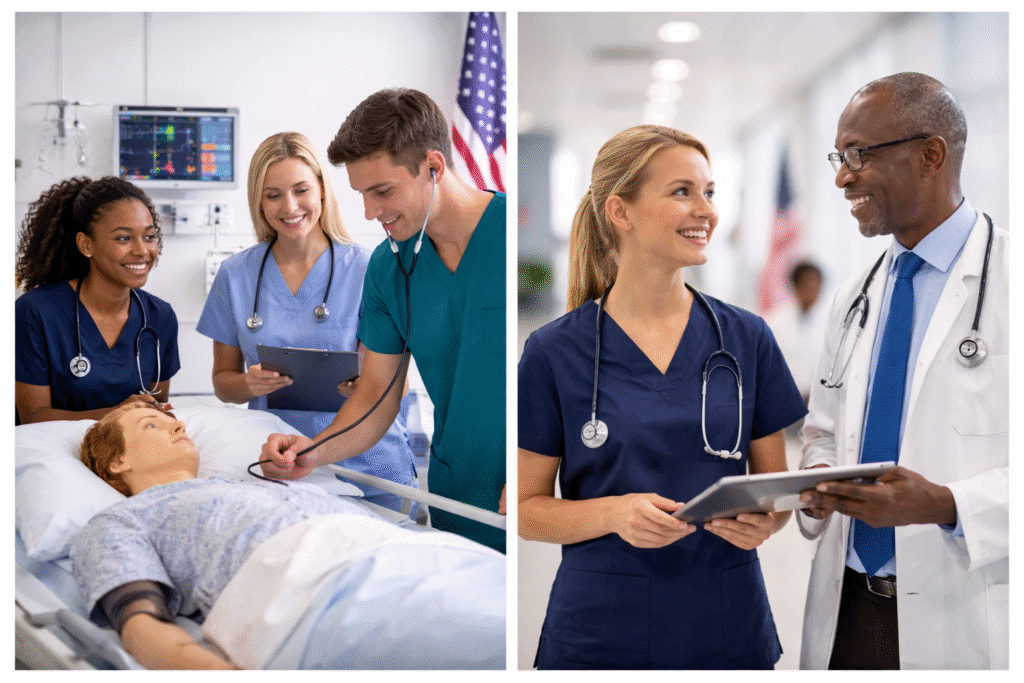 Professionelle Szene zum Thema Nursing in den USA mit Fokus auf Ausbildung, klinische Praxis und Lizenzweg