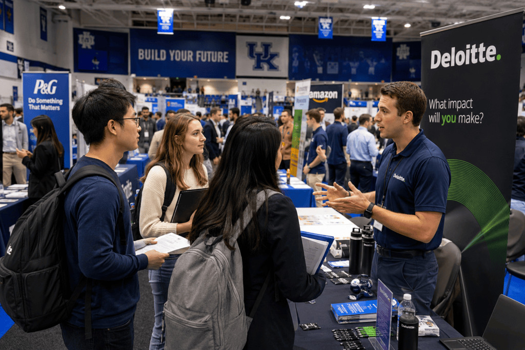 Studierende sprechen auf einer Career Fair an einer amerikanischen Universität mit Recruitern über Praktika und Karrierechancen.
