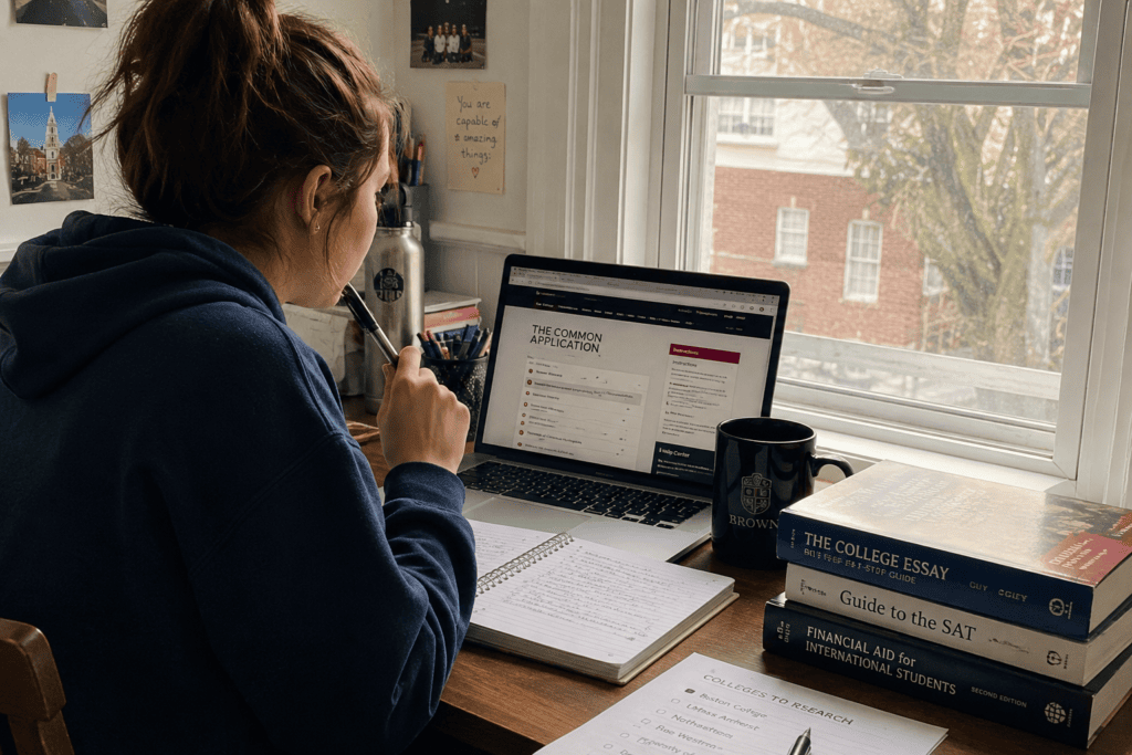 Schülerin arbeitet zuhause konzentriert an ihrer College Application für ein Studium in den USA.
