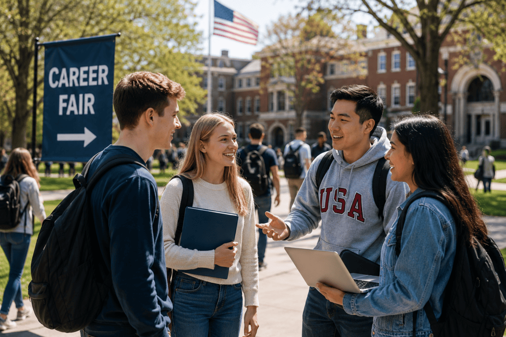 Internationale Studierende unterhalten sich auf einem amerikanischen Campus während einer Career Fair über Praktika und Karrieremöglichkeiten.