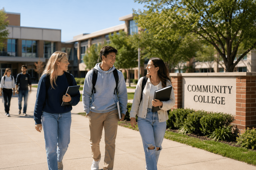 Internationale Studierende gehen über den Campus eines amerikanischen Community Colleges und unterhalten sich vor modernen Hochschulgebäuden.