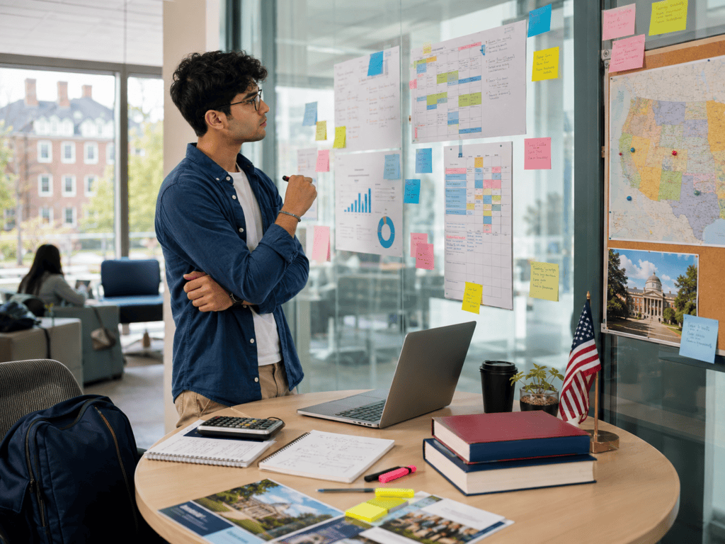 Student plant seine Bewerbung für ein Graduate Program in den USA und vergleicht Studienoptionen, Testanforderungen und Vorbereitungsschritte für GMAT oder GRE.