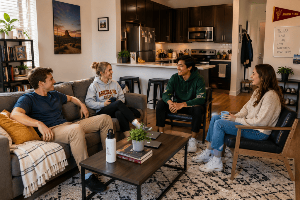 Studierende sitzen gemeinsam in einem modernen Apartment nahe einer amerikanischen Universität und verbringen Zeit im Wohn- und Küchenbereich.