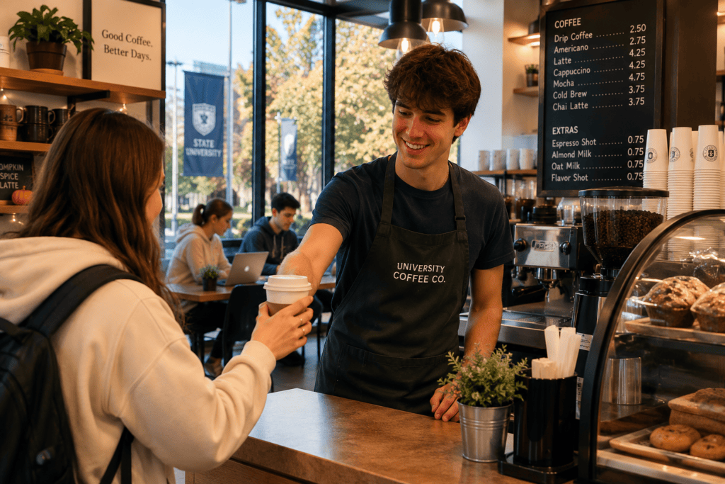 Internationaler Student arbeitet in einem Café auf dem Uni-Campus.