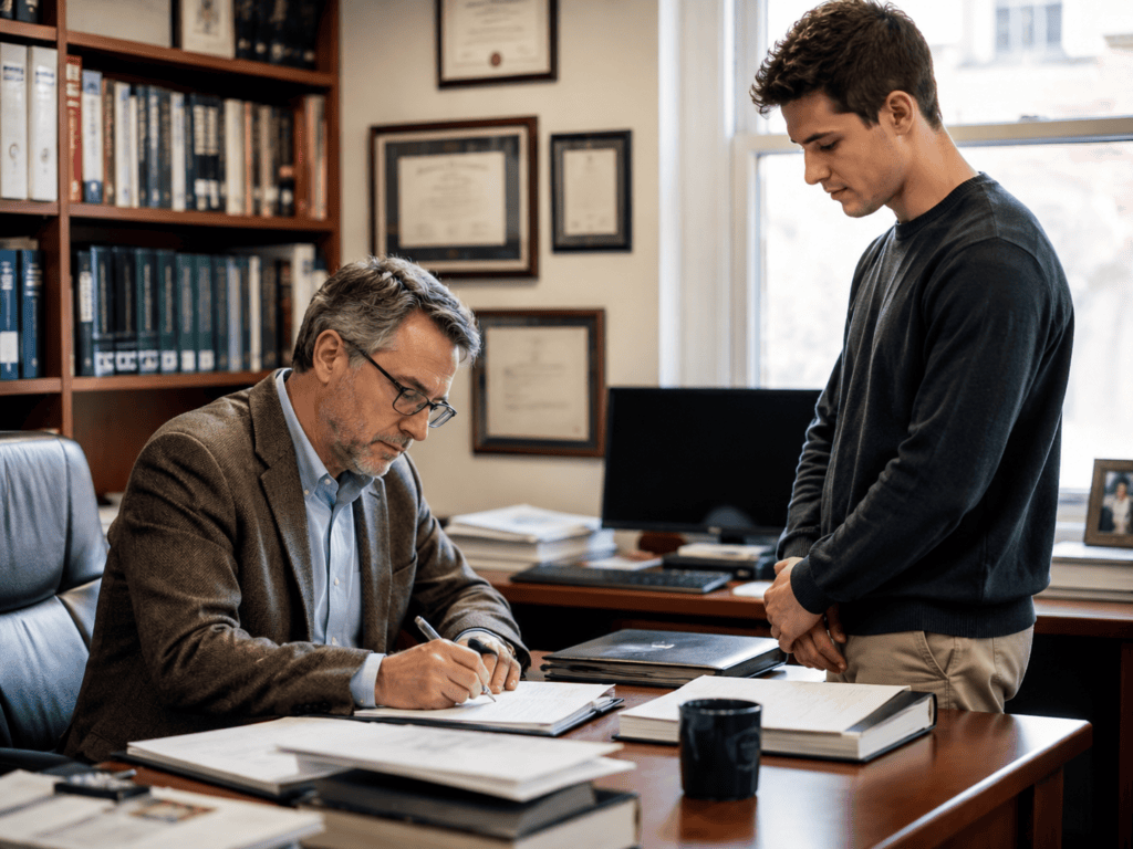 Professor schreibt in seinem Büro ein Empfehlungsschreiben für einen Studenten, der sich für ein Studium in den USA bewirbt.