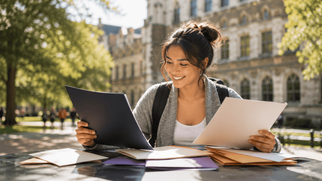 Internationale Bewerberin sitzt auf dem Campus einer amerikanischen Universität und vergleicht verschiedene Hochschuloptionen für ihr Studium in den USA.