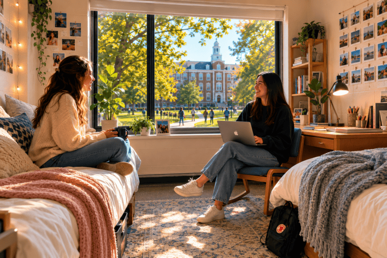 Zwei internationale Studentinnen in einem modernen Studentenwohnheim auf einem amerikanischen Universitätscampus mit Blick auf akademische Gebäude im Hintergrund.