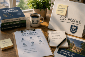 Unterlagen zur Studienfinanzierung, CSS Profile und Dokumente für die Bewerbung an einer amerikanischen Universität übersichtlich auf einem Schreibtisch.